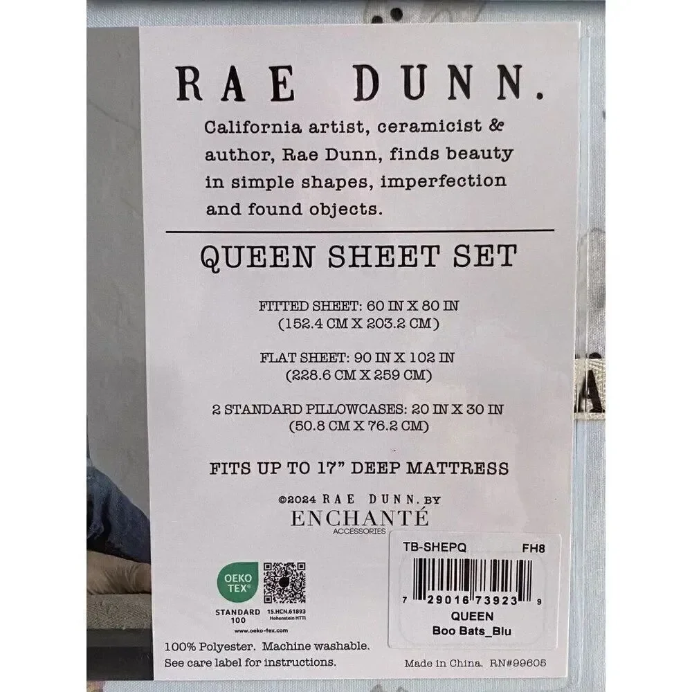 4 Pc Rae Dunn Halloween QUEEN Sheet Set Halloween Ghosts With Hats Boo Bats Blue